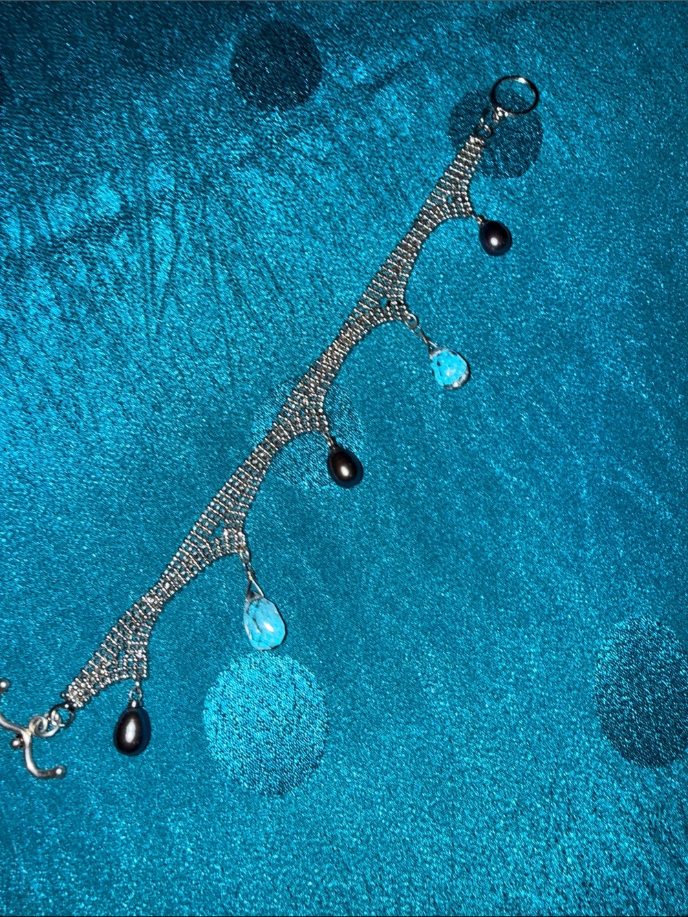 Crystal Teardrop and Black Pearl Dangle Bracelet and silver tone